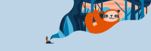 A woman sits on the ground, drawing a large orange sloth hanging from a tree. The sloth emerges from a flowing ribbon of blue. The background is minimalist and blue-toned.