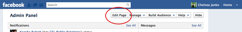 edit page button for facebook admin
