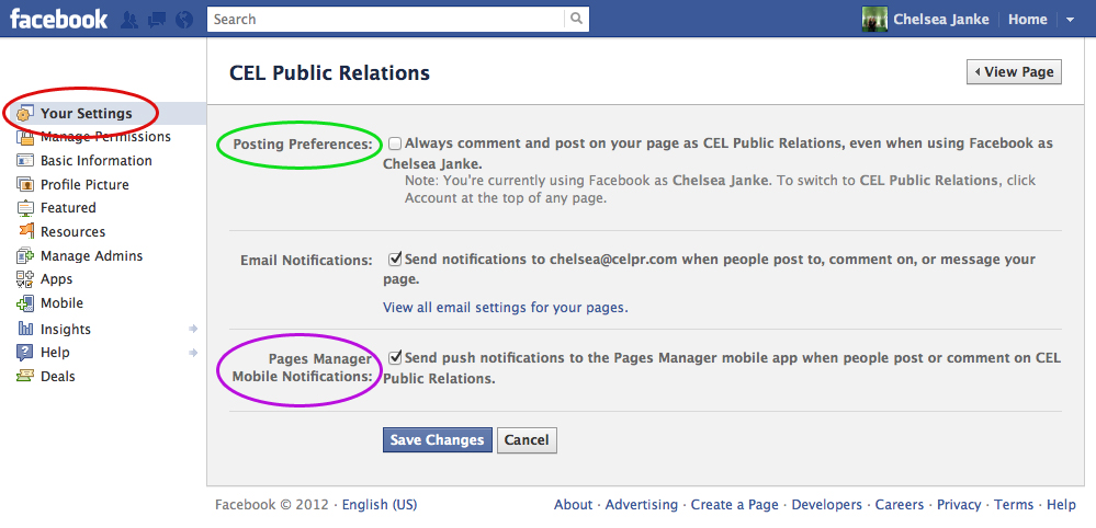 your settings on facebook company page