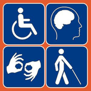 A grid of four disability icons on a blue background: wheelchair user, brain profile, sign language hands, and a person walking with a cane.