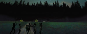 kids running at night down a path with firefly catchers in hand
