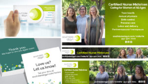 Southdale ObGyn branding assets: business cards, postcards, website images