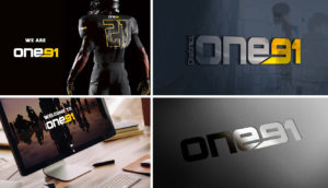 A collage of four images showcasing "one91" branding. It includes a football player in uniform, a wall logo in an office, a computer screen with "Welcome to one91," and a metallic embossed version of the logo.