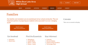 A screen shot of the Families landing page on the White Bear Lake Area Schools website
