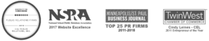 business journal top pr firms logo, nspra website excellence logo, top 25 pr firms logo, twinwest chamber entrepreneur of the year logo