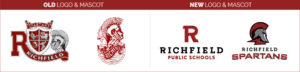 A comparison of Richfield Public Schools' old and new logos and mascots. The old design features a shield and Spartan helmet, while the new one has a modern "R" logo and updated Spartan helmet graphic.