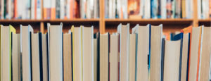 stack of books in library