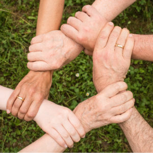 Six hands of different skin tones grasp each other's wrists in a connected circle, symbolizing unity, against a background of grass.