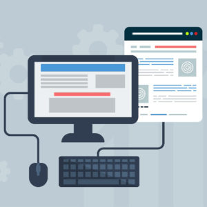 An illustration of a desktop computer connected to a mouse and keyboard, displaying a webpage on the screen with another browser window open beside it.
