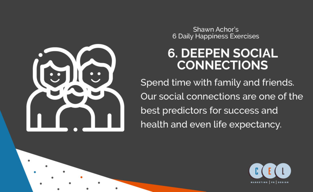 Shawn Achor's 6 Daily Happiness Exercises CEL Marketing PR Design