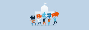 An illustration of six people holding up puzzle pieces and an arrow, spelling out the word "TRUST." They stand in front of a building, symbolizing teamwork and collaboration.