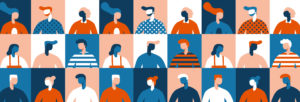 A grid of diverse, abstract human figures with different hairstyles and clothing in alternating blue, orange, and peach tones. Each square features a different character.