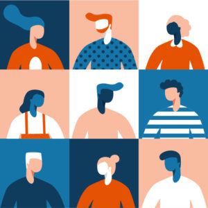 A grid of diverse, abstract human figures with different hairstyles and clothing in alternating blue, orange, and peach tones. Each square features a different character.
