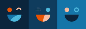 Three abstract smiley faces created from simple geometric shapes, each with unique colors and patterns. The background has shades of blue.