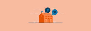 Illustration of a school building with speech bubbles above it. One bubble shows a lightbulb, and the other displays a heart. The background is peach-colored with minimal clouds.