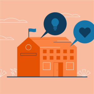 Illustration of a school building with speech bubbles above it. One bubble shows a lightbulb, and the other displays a heart. The background is peach-colored with minimal clouds.