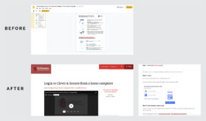 A comparison graphic titled "Before" and "After" showing two versions of instructions for logging into Clever and Seesaw from a home computer. The "Before" image displays a Google Slides presentation, while the "After" image shows a redesigned Stillwater Area Public Schools webpage with simplified login steps and a video tutorial.