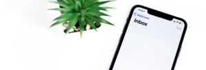 A smartphone displaying an empty email inbox screen placed on a white surface next to a small green potted plant.