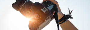A camera being held up in the air