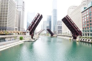 Lift bridges in up position on Chicago River