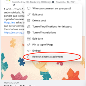 A Facebook post with a dropdown menu open, showing options like "Delete post" and "Refresh share attachment," with the latter highlighted in a red circle.