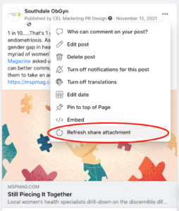A Facebook post with a dropdown menu open, showing options like "Delete post" and "Refresh share attachment," with the latter highlighted in a red circle.