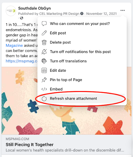 drop down ellipse of facebook post and click bottom link refresh share attachment