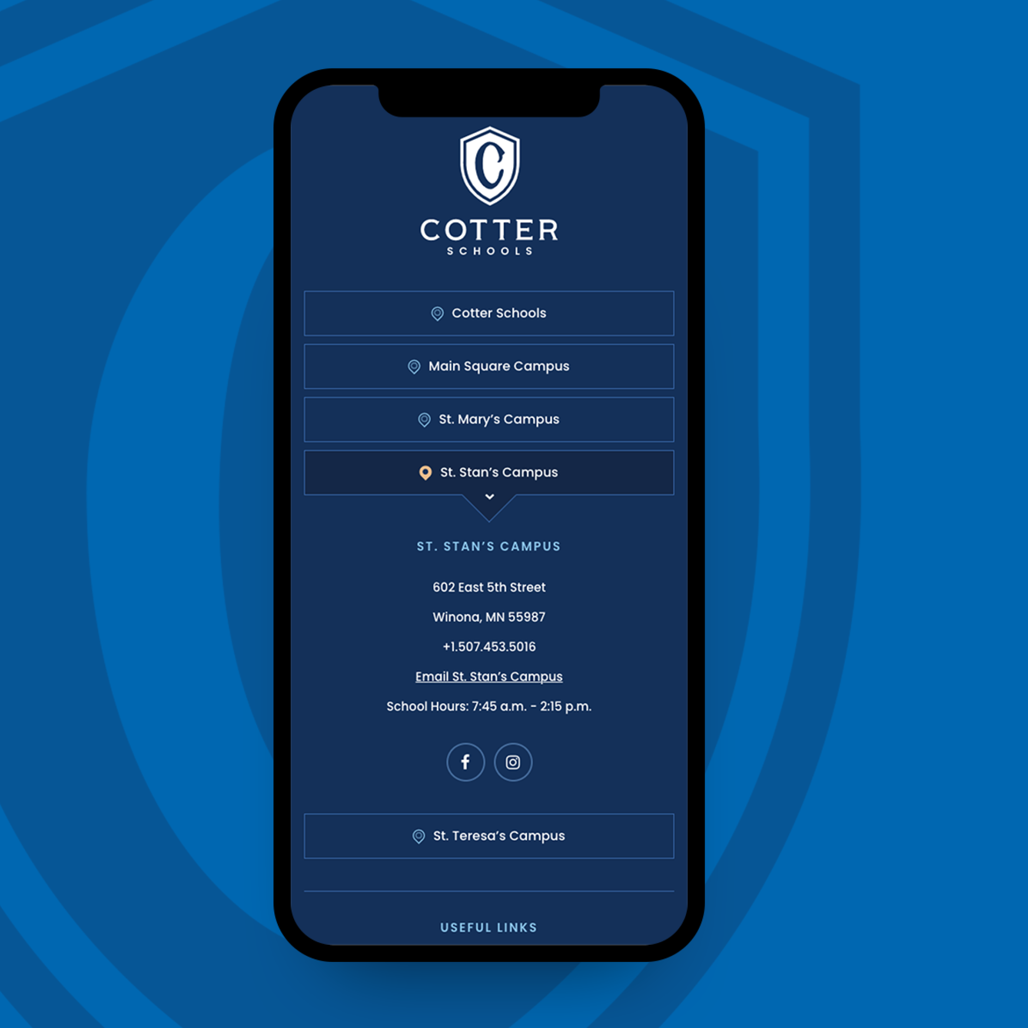 cotter schools website mobile footer with st stans campus open