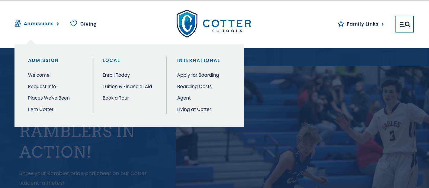 admissions menu on cotter schools website