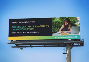Billboard for New Code Academy promoting online education for K-12 students in Minnesota. It features a smiling student writing in a notebook while using a laptop, with the website newcodeacademy.org.
