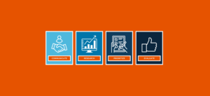 communicate research prioritize evaluate icons on orange