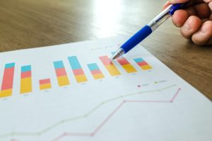 a pen pointing at a stacking bar chart