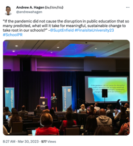 Tweet reading "if the pandemic did not cause the disruption in public education that so many predicted, what will it take for meaningful, sustainable change to take root in our schools? - Susan Enfield