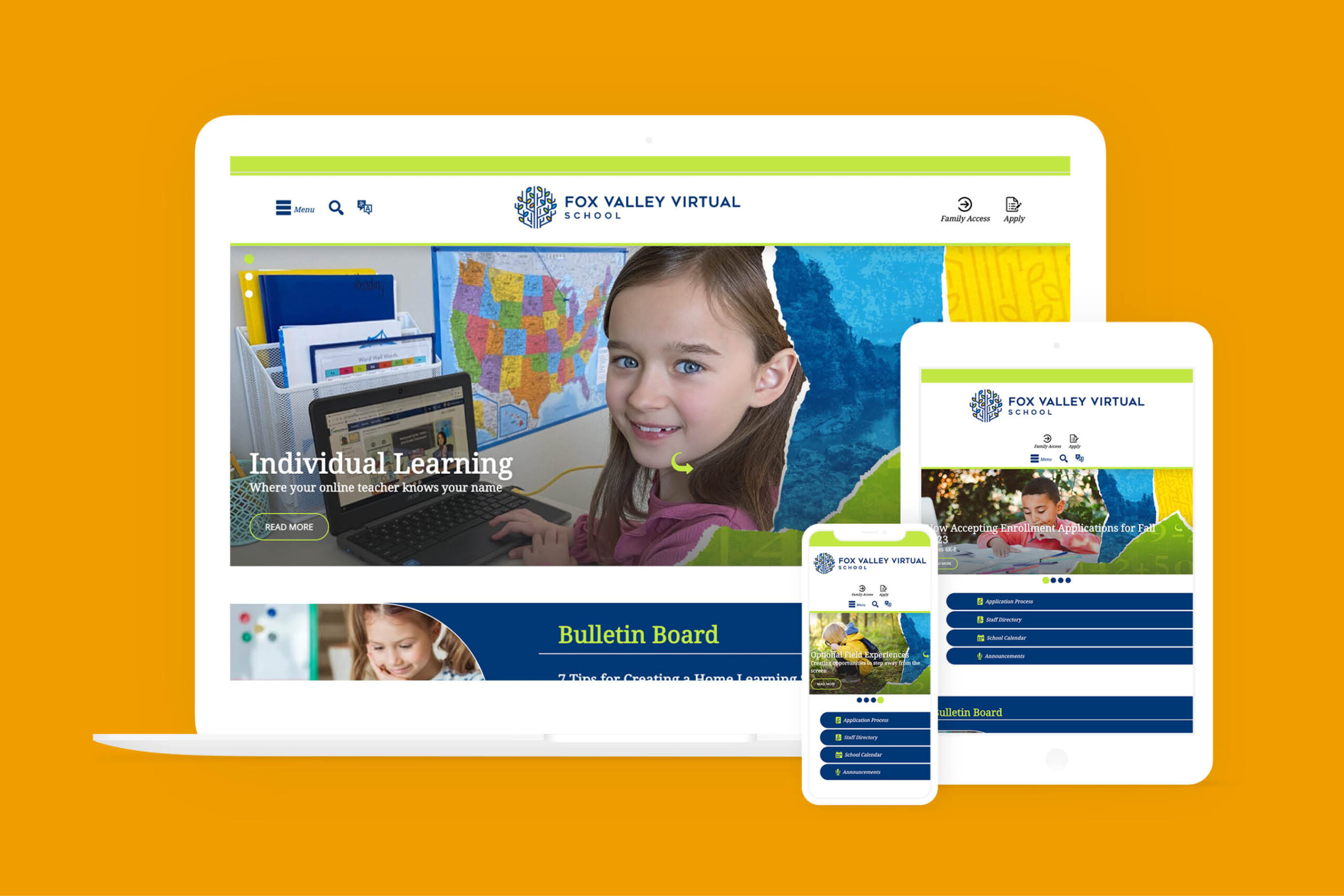 fox valley virtual school website mockup on desktop, phone and tablet