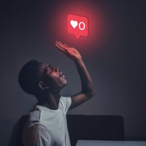 Man staring in frustration up at a sign that shows no love reactions (Facebook)