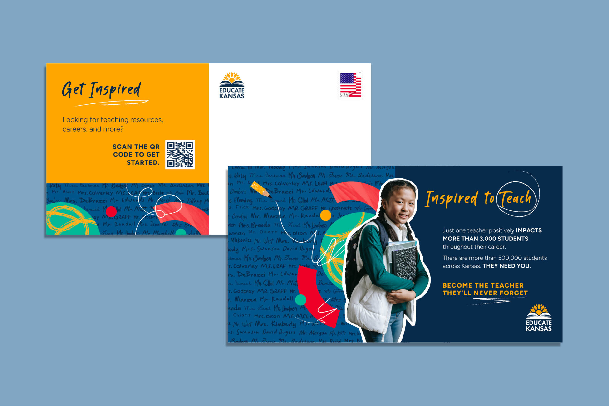 Educate Kansas postcards for recruitment and teacher support