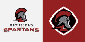 Richfield Spartans logo featuring a stylized Spartan helmet in black, gray, and red. The left side of the image shows the text 'Richfield Spartans' beneath the helmet, while the right side displays the helmet inside a red and white shield emblem.
