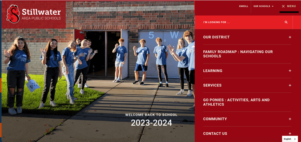 Screenshot of Stillwater Public School's homepage content