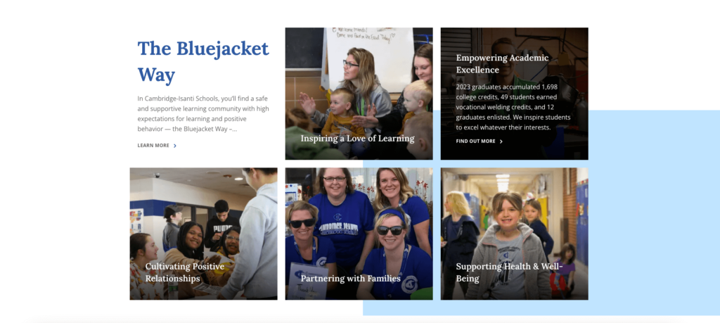 Screen shot of Cambridge-Isanti schools social proof and homepage content