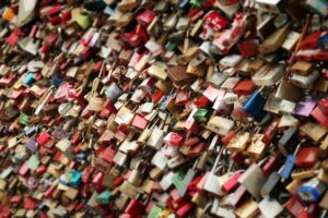Many colorful padlocks