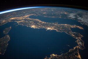 View of Earth over Italy at night from space