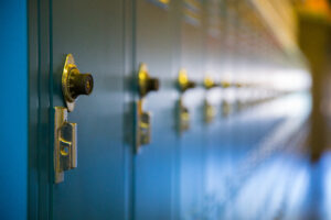 row of blue lockers