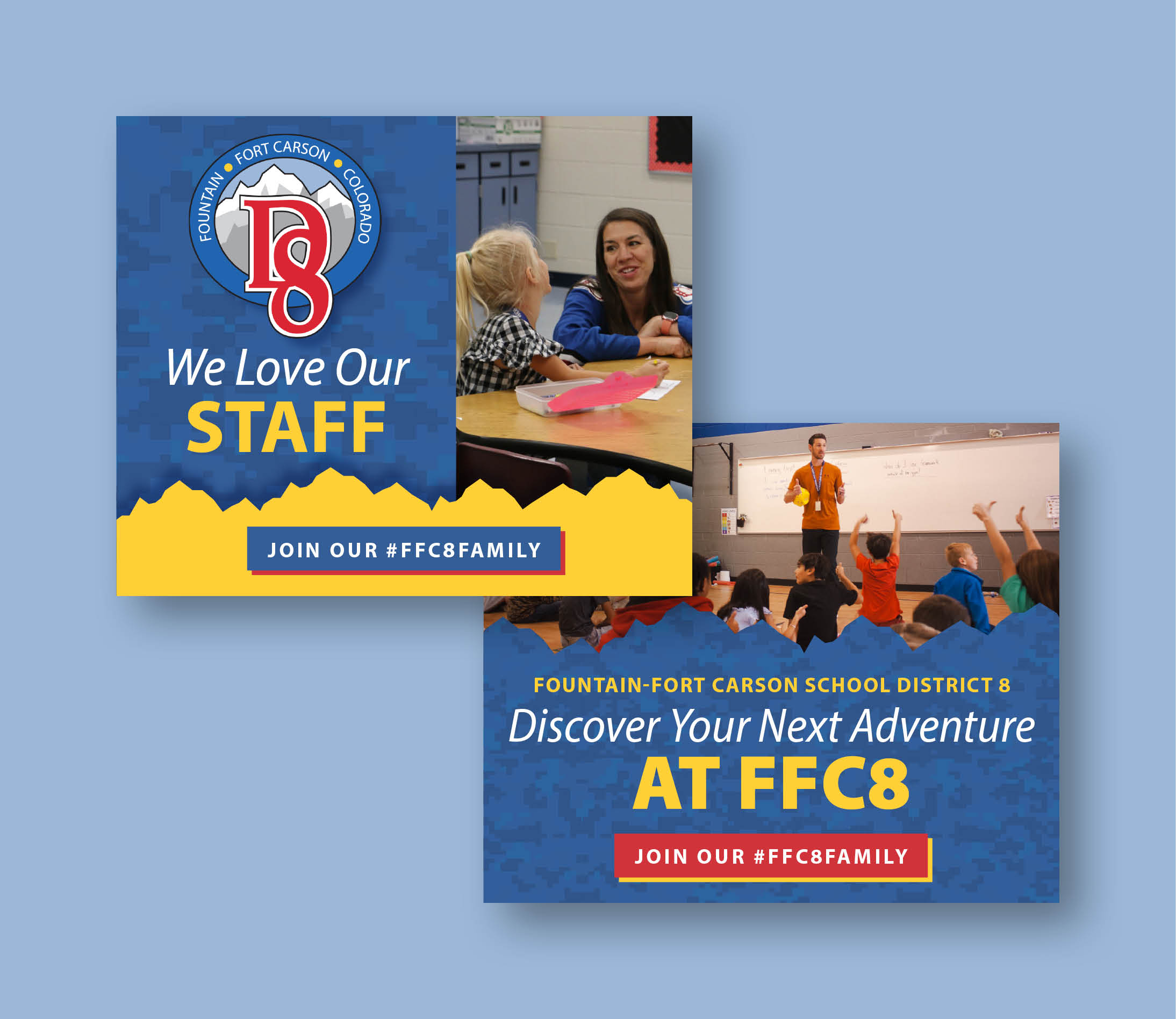 Recruitment postcards for Fountain-Fort Carson School District 8, reading "We love our staff" and "discover your next adventure at FFC8"