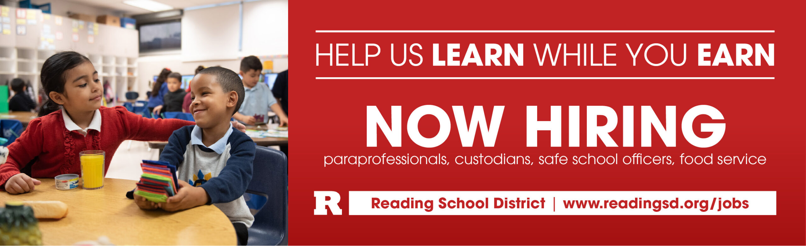 A digital banner or ad for Reading School District, showcasing students. Text reads "Help us learn while you earn!"