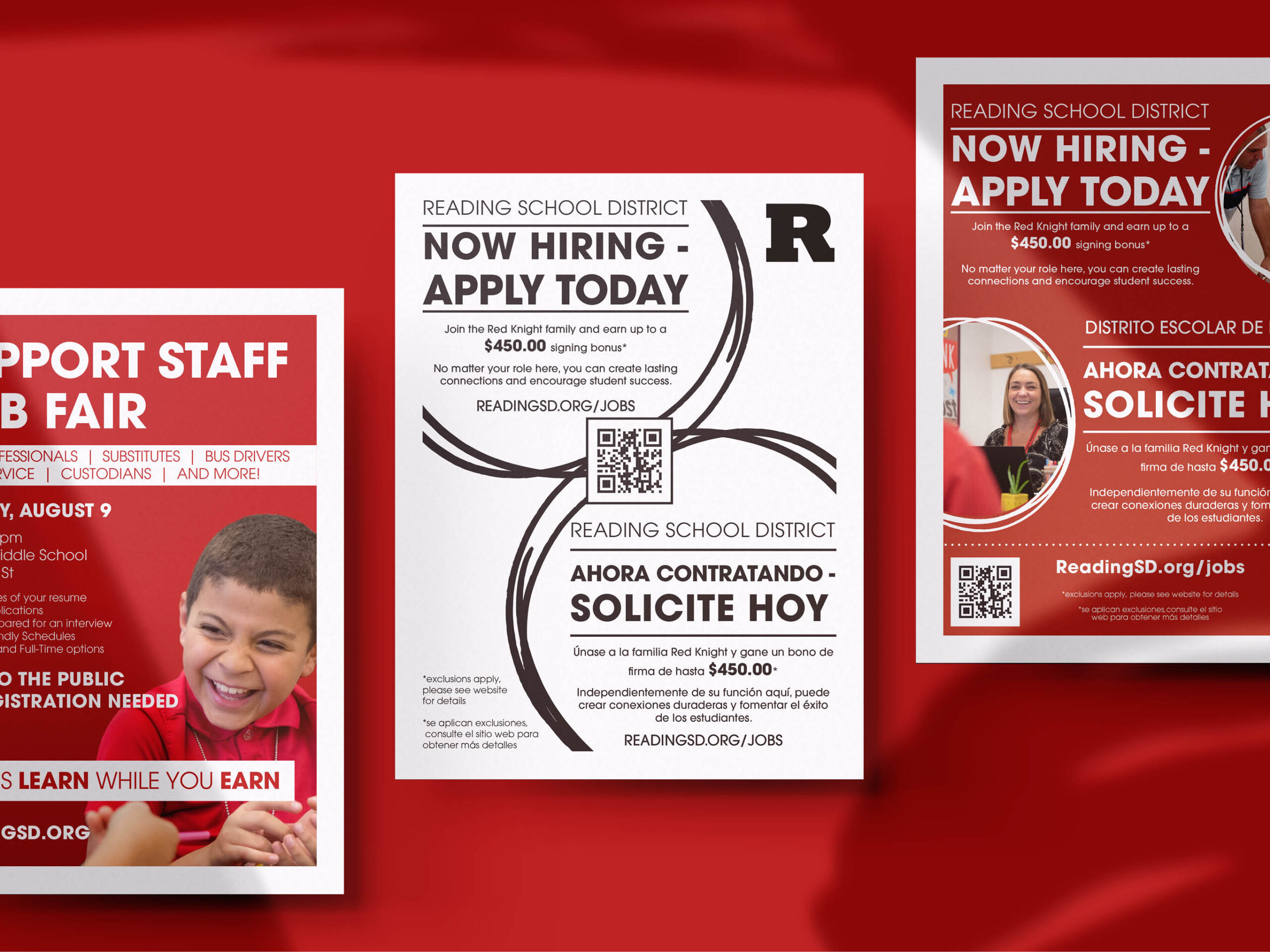 Hiring flyers for Reading School District. The flyers highlight upcoming career fairs, in both english and spanish.