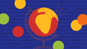 NECP designed globe with welcome in multiple languages in the background