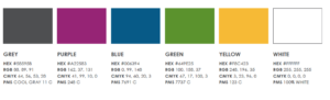 grey, purple, blue, green, yellow and white are all part of the vibrant color palette