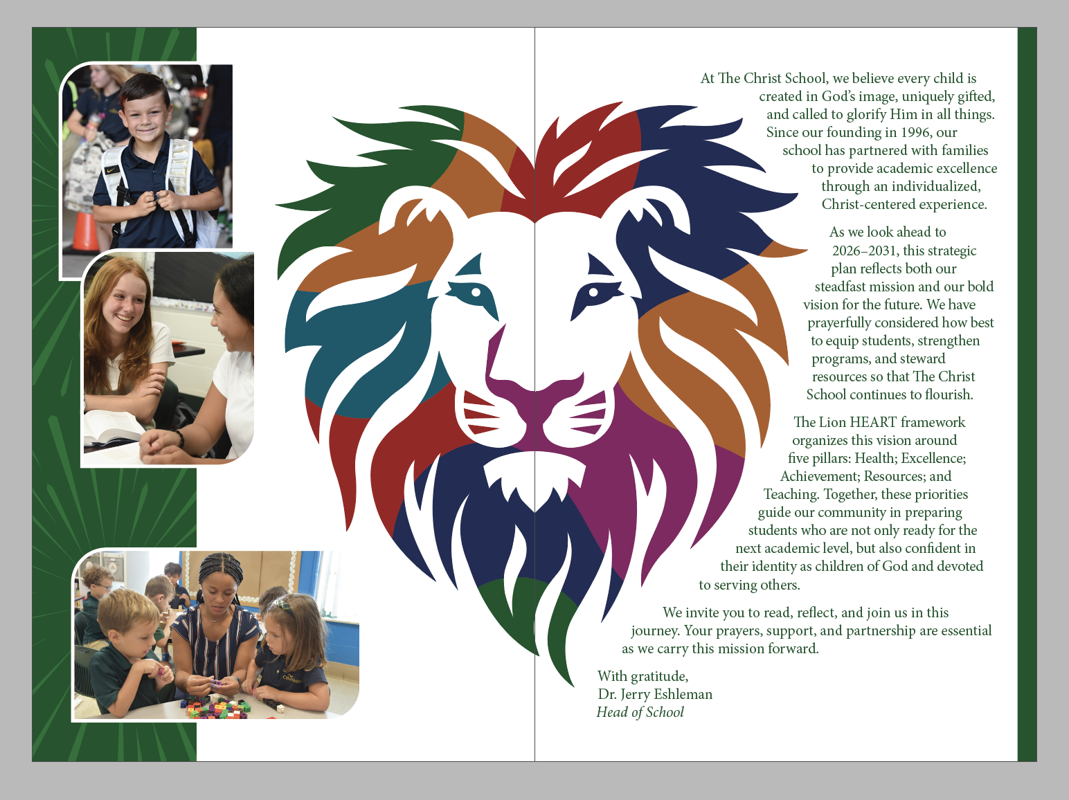 The Christ School internal page to brochure showcasing color palette in mascot head