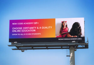 Online education New Code Academy billboard with young learner