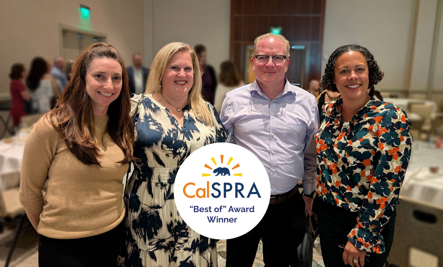 sam, chelsea, stacy and music at calspra awards ceremony holding the best of award as the winner